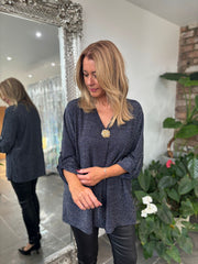 Navy Shimmer Brooch Top Indy