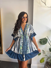 Navy Multi Print Kaftan Tunic Dress Fern