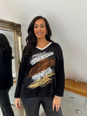 Black Chenille Leopard V Neck Sweatshirt Elle