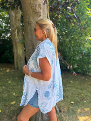 White Blue Coral Print Blouse Stacey