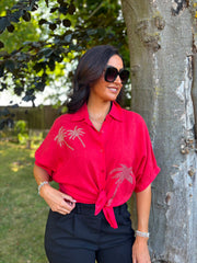 Red Linen Studded Palm Shirt Ruby
