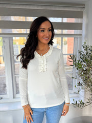 White Ruffle Detail Top Jeanelle