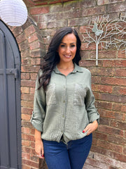 Khaki Sequin Pocket Bubble Cotton Shirt Helen