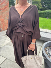 Chocolate Ruched Pebble Button Top Kate