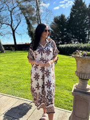 Mocha Flower Pattern Shirt Dress Savana