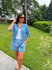 Denim Floral Print Shorts