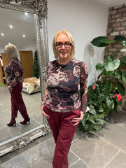 Wine Floral Mesh Top Sofia