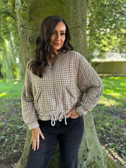 Stone Quilted Check Zip Bomber Jacket