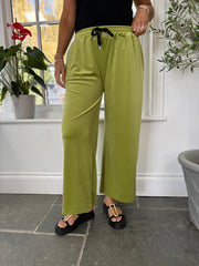 Olive Pull On Wide Leg Velour Trousers