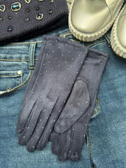 Navy Diamante Velour Gloves