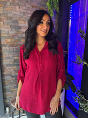 Wine Diamante Button Sleeve Blouse Luna