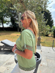 Khaki Lace Trim Tee Carla