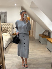 Grey Button Detail Two Piece Skirt Set Jenny