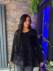 Black Velour Sequin Panel Top Raven