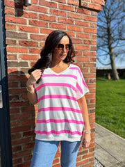 Neon Pink V Neck Striped Top Rose