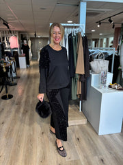 Black Cropped Sequin Panel Wide Leg Trousers