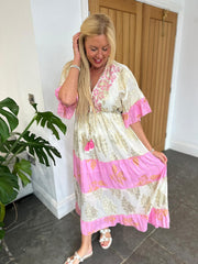 Pink Tiered Golden Leaf Kaftan Dress Molly