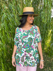 Green Paisley Cold Shoulder Top Suzie