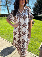 Mocha Flower Pattern Shirt Dress Savana
