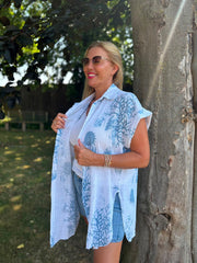 White Blue Coral Print Blouse Stacey