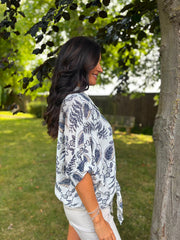 Navy Leaf Print Tie Front Blouse Brielle