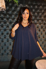 Navy Diamante V Neck Top Selina