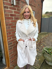 Antique Cream Sleeveless Faux Fur Trim Coat Alexis