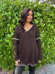 Chocolate Blanket Stitch V Neck Jumper Jenny