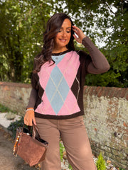Chocolate Short Sleeve Argyle Knit Rylie