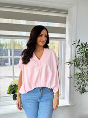 Pink Gathered Hem V Neck Top Willa