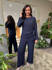 Navy Textured Trousers Set Liora