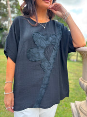 Black Embroidered Floral Top Frankie