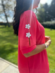 Coral Applique Floral Crepe Top Astra