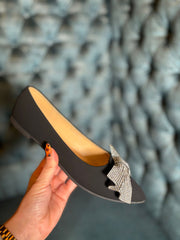 Black Diamante Bow Flats
