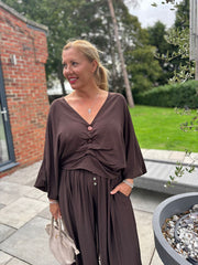 Chocolate Ruched Pebble Button Top Kate