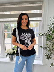 Black Diamante Floral Lace Trim Tee Aria