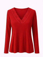 Red Ribbed Long Sleeve Lace V Neck Erin