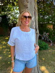 White Striped Textured Linen Top Anais