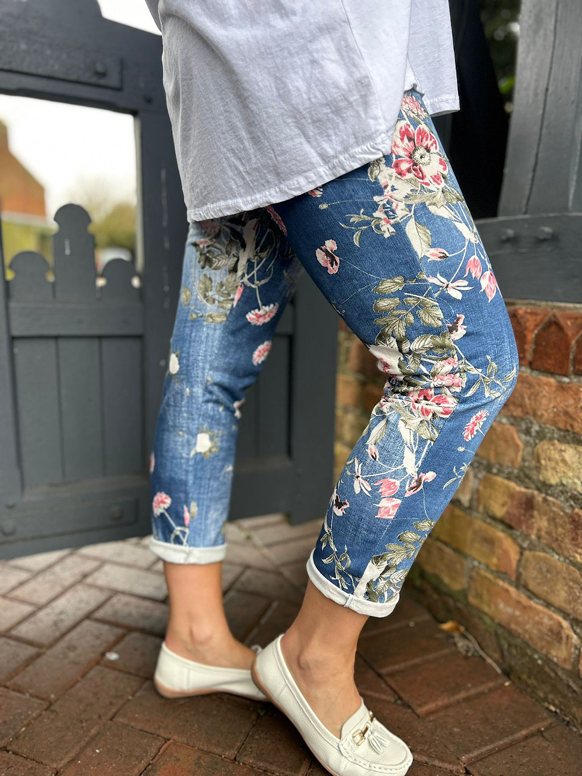 Floral denim joggers cheap