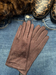 Chocolate Diamante Velour Gloves