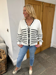 White Scalloped Edge Striped Cardi Clara
