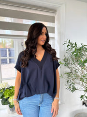 Navy Gathered Hem V Neck Top Willa