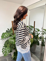 Navy Striped Lace Knitted Top Marcie