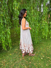 Cream Pleated Floral Stripe Dress Leona