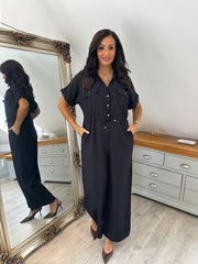 Black Wide Leg Collared Jumpsuit Carrie