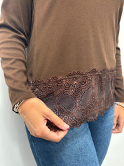 Chocolate Ribbed Lace Trim Top Madeline