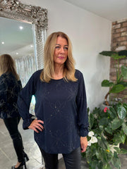 Navy Diamante Flower Top Kinsley