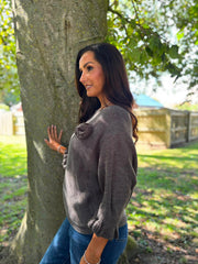 Charcoal Applique Ruffle Sleeve Knit Crystal