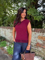 Wine Fringed Knit Vest Amara