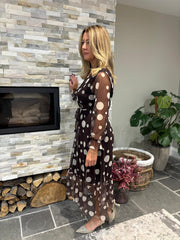 Chocolate Polka Dot Belted Mesh Dress Alana
